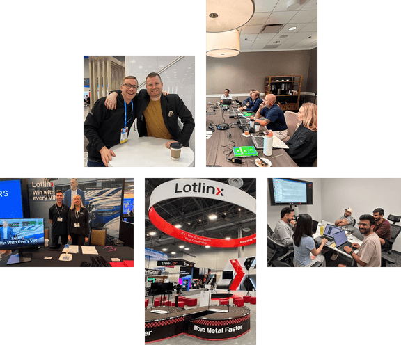 Lotlinx team members at trade show events and collaborating in the office